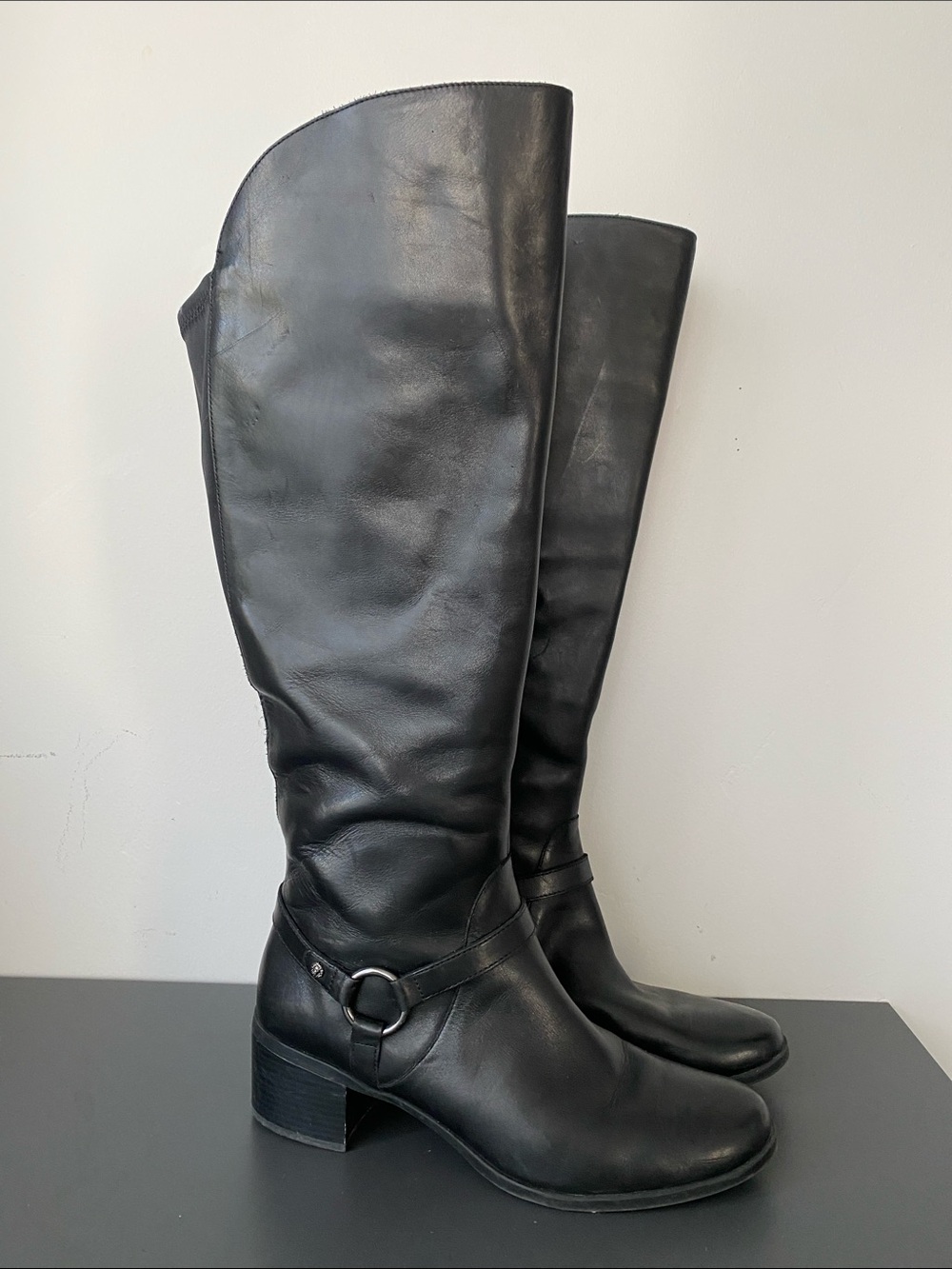 Anne Klein Jamari Black Leather Over-the-Knee Riding Boots Ring Strap Sz 10 NWOT